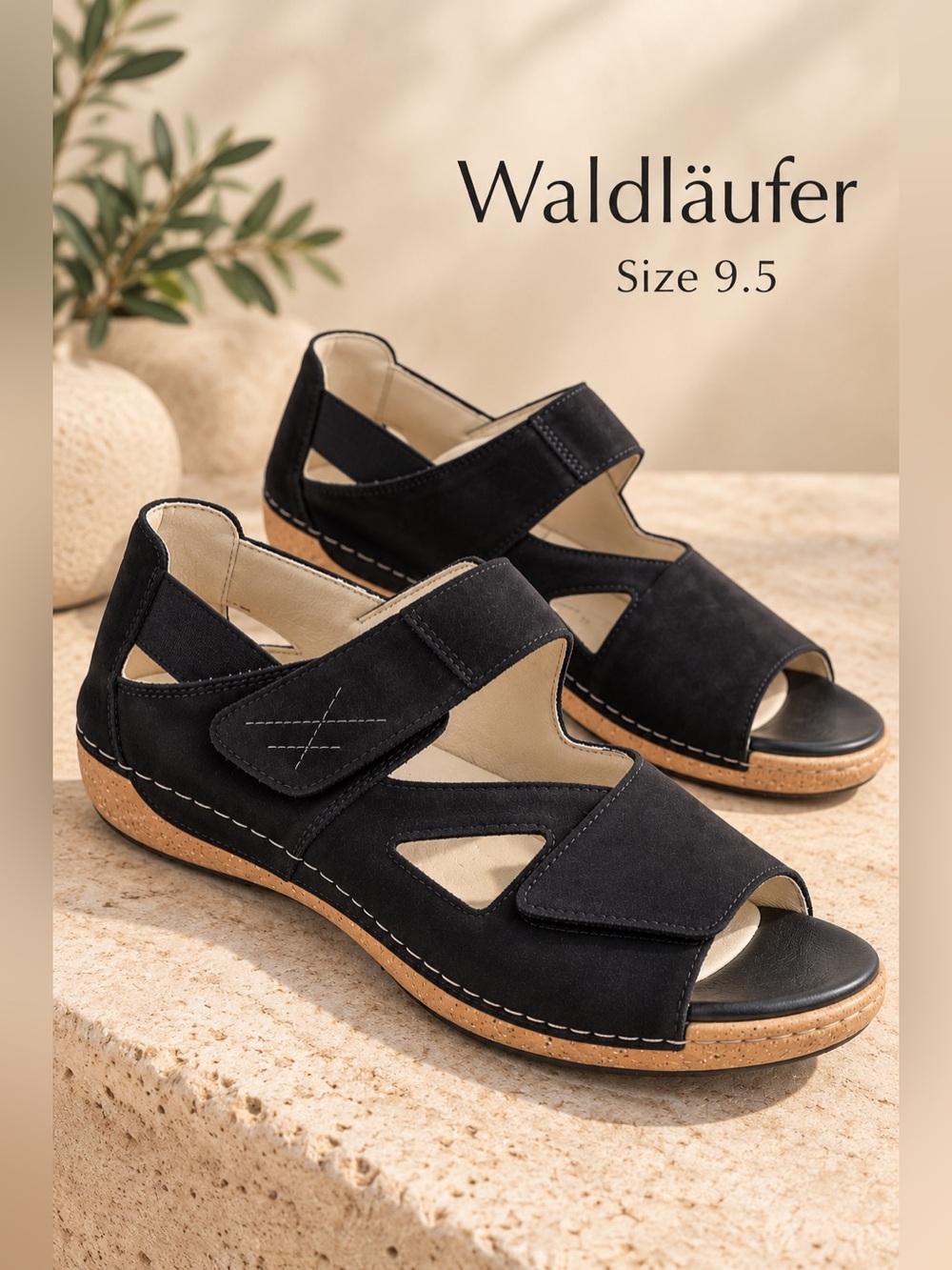 Waldläufer Black Nubuck Leather Comfort Sandals Women’s 9.5 Wide